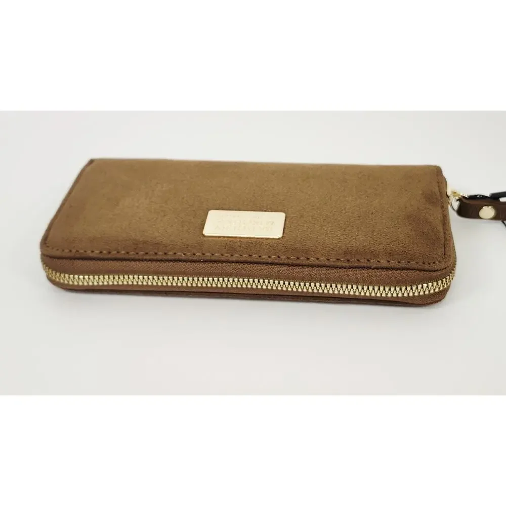 Badgley Mischka Tan Brown Suede Zip Around Wristlet Continental Wallet NWT